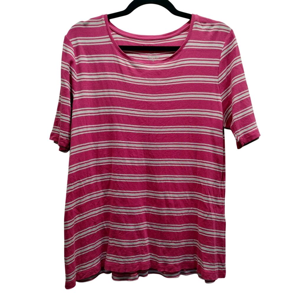Chico's Size Large (2) Pink White Striped Round Neck Short Sleeve Cotton T-Shirt